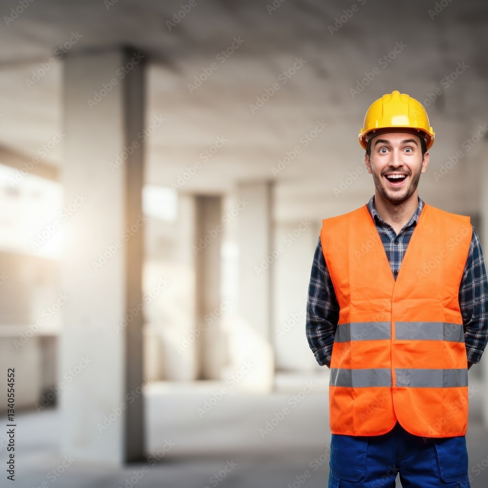 Happy construction worker in safety gear smiles brightly at a building site. Discover the vibrant energy of teamwork and progress. Happy construction worker in safety gear smiles brightly at a building site. Discover the vibrant energy of teamwork and progress.