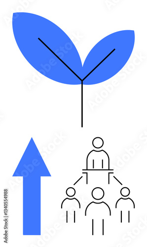 Blue leaf symbolizing growth, upward arrow for progress, and a hierarchical team framework represent leadership, teamwork, sustainability, success, goals, empowerment and strategy. Flat simple