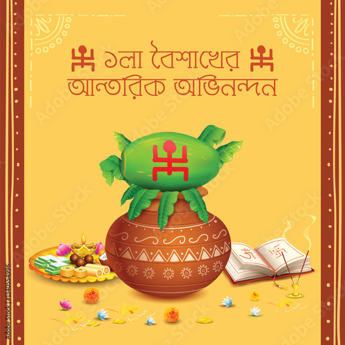 illustration of greeting background with Bengali text Poila Boisakher Antarik Abhinandan meaning Heartiest Wishes for a Happy New Year