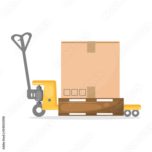 A vector illustration of a pallet jack with a single cardboard box, depicting simplified  warehouse, logistics and handling.