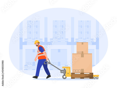 A vector illustration of a warehouse worker pushing a pallet jack with boxes in a warehouse area.