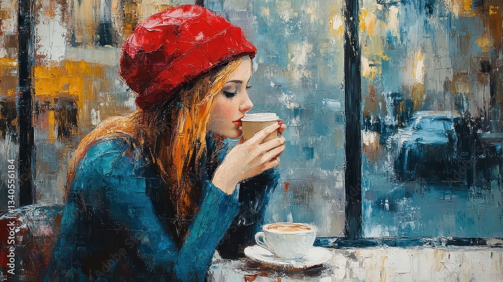 Fototapeta premium Young caucasian female enjoying coffee indoors with artistic background
