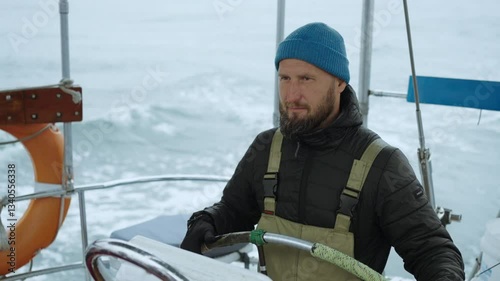 Portrait Of Helmsman On Board Of Fishing Boat, Handsome Bearded Man Leading Ship To Island