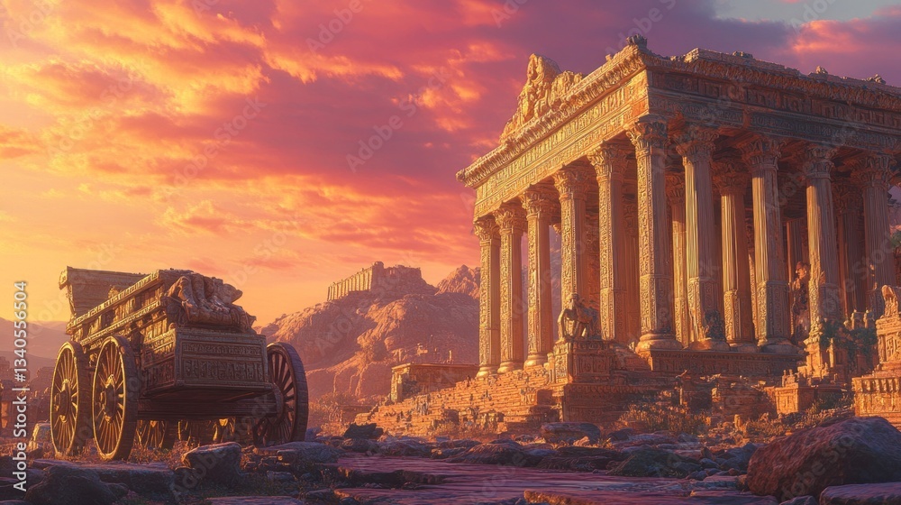 Obraz premium Ancient temple ruins at sunset. A weathered cart stands beside the temple, nestled in a sun-drenched landscape of rocks and hills. The golden hour bathes the scene in warm, vibrant colors