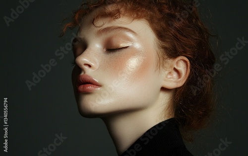 Close-up portrait of a young woman with curly red hair, glitter makeup, and a black turtleneck against a dark background