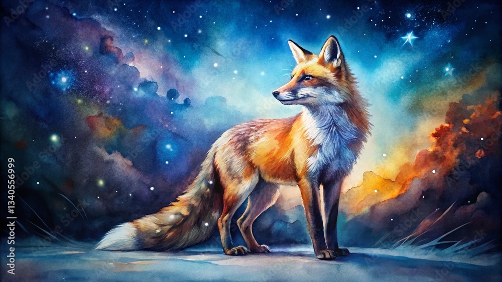 Obraz premium Night Watercolor Fox: Hand-Painted Artistic Wildlife Illustration