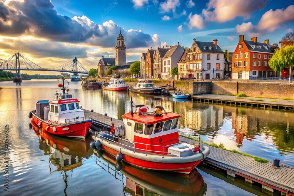 Fototapeta premium Nijmegen Harbor: Police & Fire Boats, Netherlands - Candid Photo