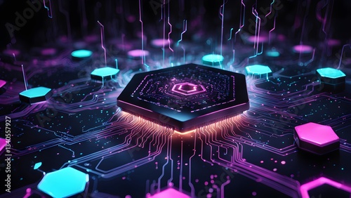 Abstract close-up a glowing hexagonal CPU processor a circuit board neon pink blue lights.