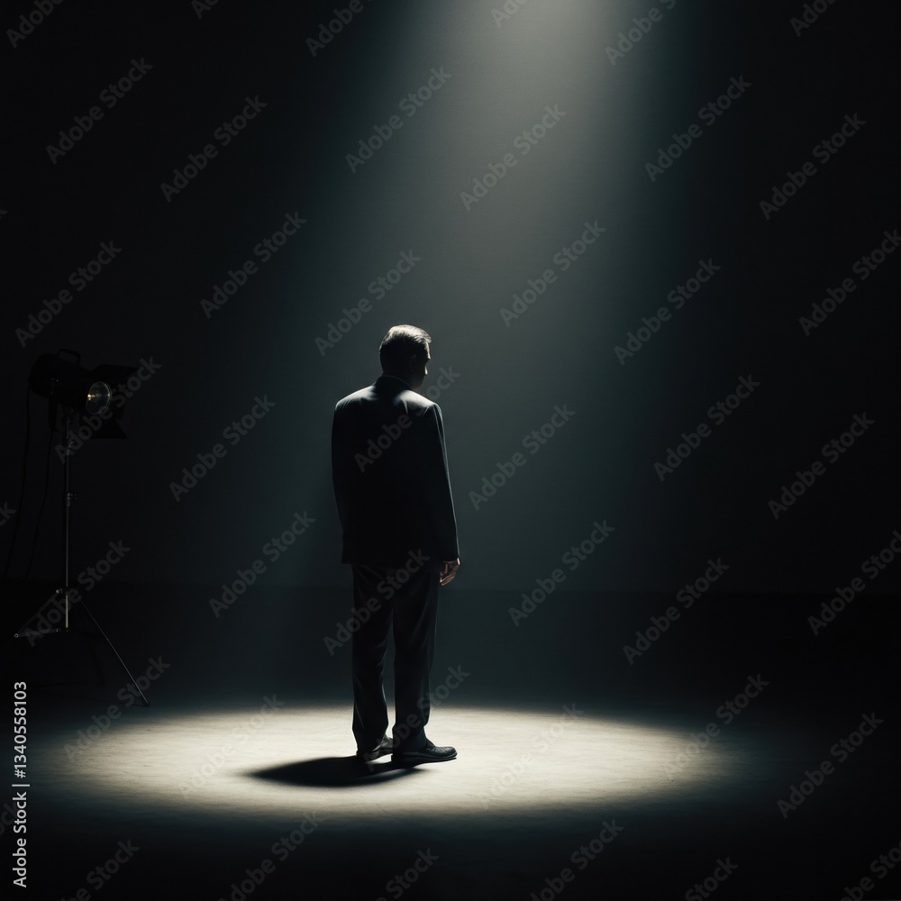 Dramatic spotlight on a lone figure in a dark room captures the essence of solitude. A man stands centered under a bright light, evoking a sense of mystery. Dramatic spotlight on a lone figure in a dark room captures the essence of solitude. A man stands centered under a bright light, evoking a sense of mystery.