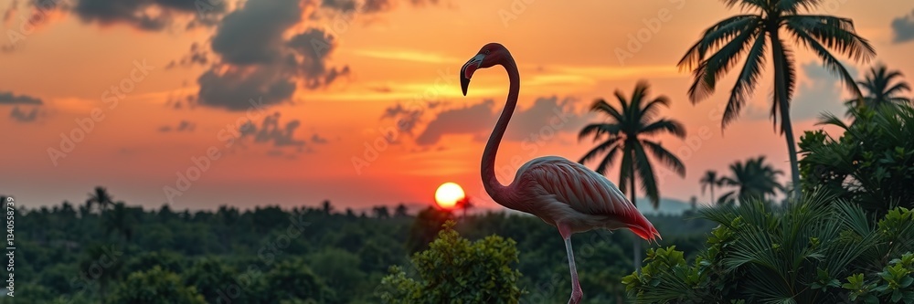 Fototapeta premium Pink Flamingo Silhouette Against Sunset Sky