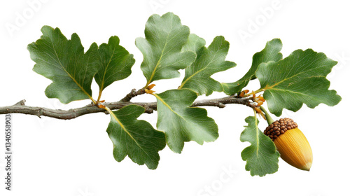 Oak branch with green leaves and acorn on transparent background