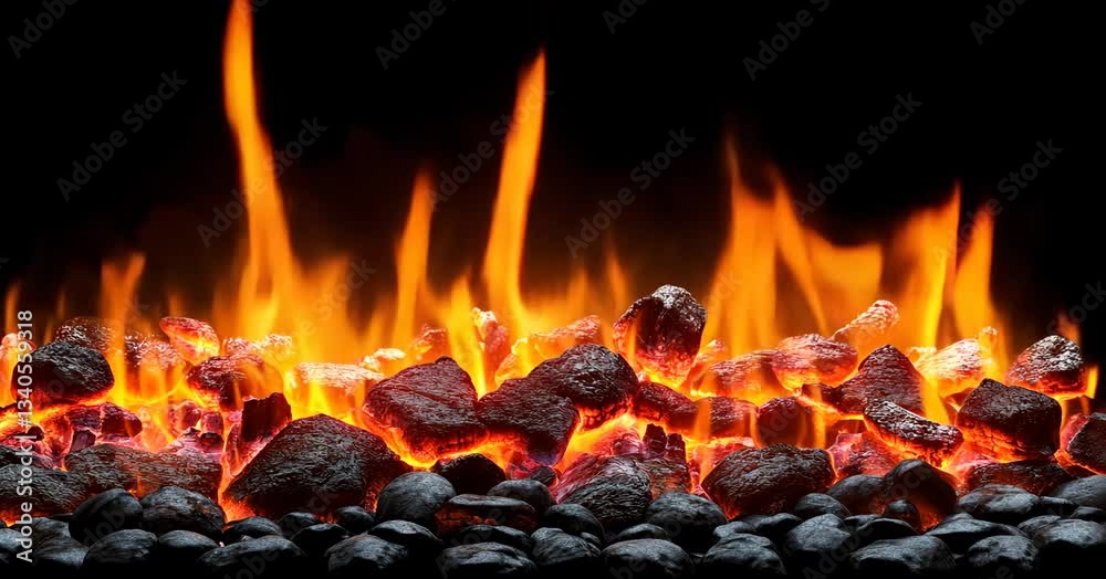 A Close-Up View Of Glowing Embers And Flames, Showcasing The Intense Heat And Fiery Colors Of Burning Coal Against A Dark Background.mp4