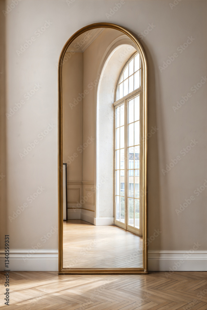 Tall Arched Mirror With Slim Brass Frame Enhances Natural Light in Elegant Room Tall Arched Mirror With Slim Brass Frame Enhances Natural Light in Elegant Room