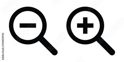 A collection of simple magnifying glass icons, featuring search, zoom in, zoom out, and a check mark symbol. Vector illustration.