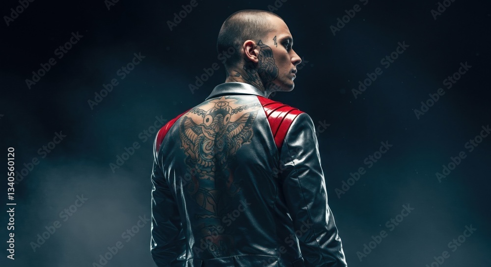 Obraz premium Striking Tattoo Art on Leather Jacket - A Symbol of Rebellion and Style