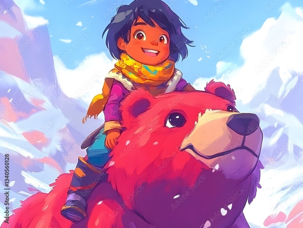 Naklejka premium Child Riding a Furry Red Bear in Snowy Mountain Landscape