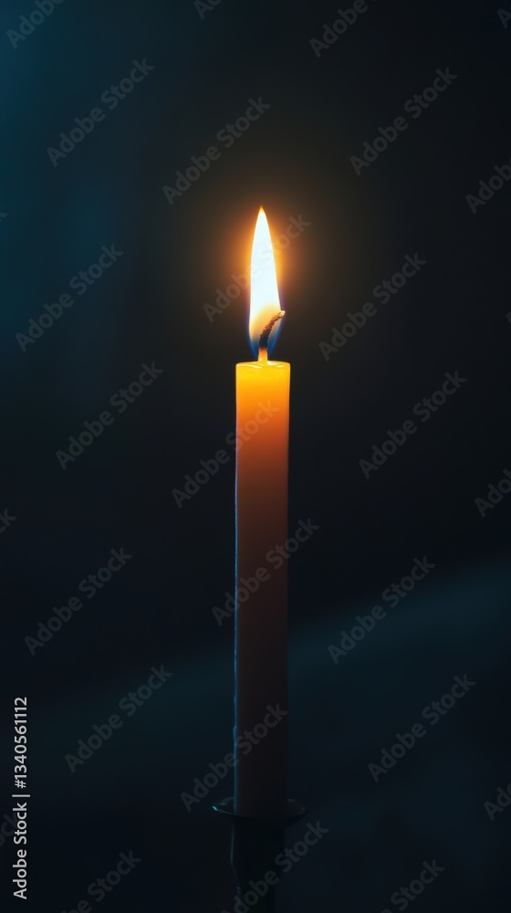Single candle flickering softly in dark serene room with warm light Single candle flickering softly in dark serene room with warm light