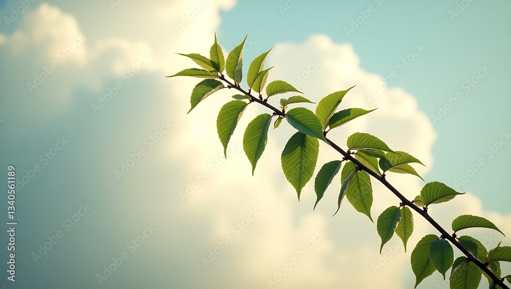 Obraz premium A delicate branch with vibrant green leaves stretches diagonally across a soft, cloud-filled sky