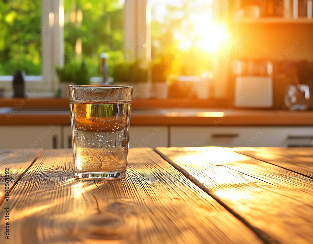 glass of sparkling water on wooden kitchen table, illuminated by warm sunlight. refreshing drink contrasts beautifully with cozy kitchen setting glass of sparkling water on wooden kitchen table, illuminated by warm sunlight. refreshing drink contrasts beautifully with cozy kitchen setting