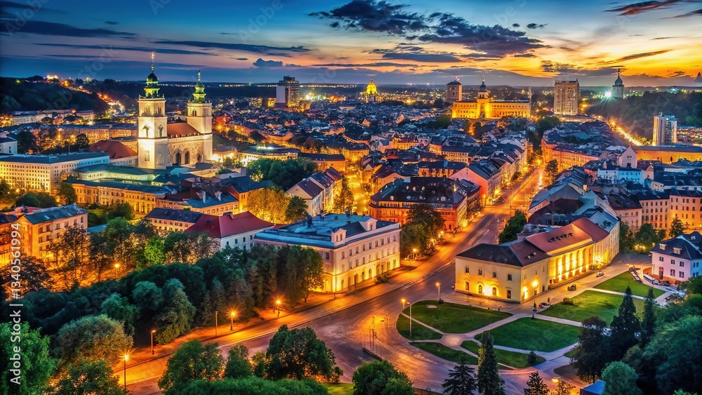 Fototapeta premium Vilnius Night Aerial Cityscape, Lithuania, Urban Skyline
