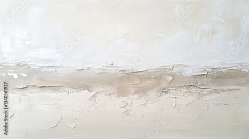 Neutral beige and white abstract oil painting with visible brushstrokes and palette knife textures, creating a blurred landscape effect