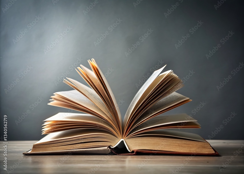 Fototapeta premium Open Book on Gray Background: Ample Copy Space for Education, Learning, and Reading Concepts