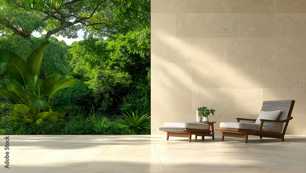 Fototapeta premium modern and minimalist terrace featuring outdoor furniture, surrounded by lush greenery and natural light. serene atmosphere invites relaxation and tranquility