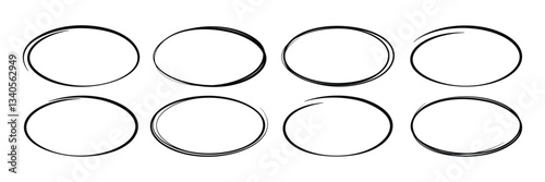 Black circular highlights and hand drawn ovals. Sketch style marker ellipses frame. Vector illustration on a white background.