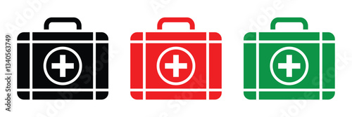 Doctor bag icon. First aid box icons in black, red and green. First aid kit vector illustration.
