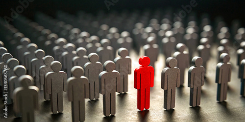 Leadership, standing out from the crowd, individuality, red figure among grey figures, contrast, uniqueness, courage, different perspective, challenging the status quo, sea of conformity, bold choice,