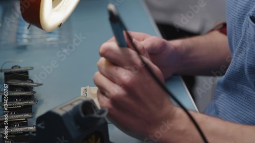 Manual soldering of a large circuit board contacts transmitters receivers relays resistors Coils with Chips Microchips macro detail