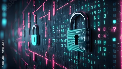 Abstract 3D rendering a metallic padlock a digital background glowing neon lines numbers, representing data security protection.