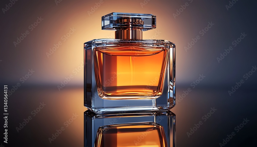 Sleek Transparent Perfume Bottle with Metallic Copper Hues on a Reflective Surface Sleek Transparent Perfume Bottle with Metallic Copper Hues on a Reflective Surface
