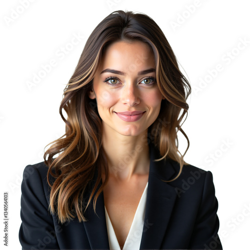 Confident businesswoman headshot. Professional portrait of young woman in blazer, poised. Isolated on transparent background. Corporate profile, business bio, website use.