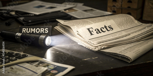 Newspapers, headlines, facts vs rumors, truth and lies, stacks of papers, black and white, dramatic lighting, shallow depth of field, vintage newsprint, contrast, investigative journalism, media bias,