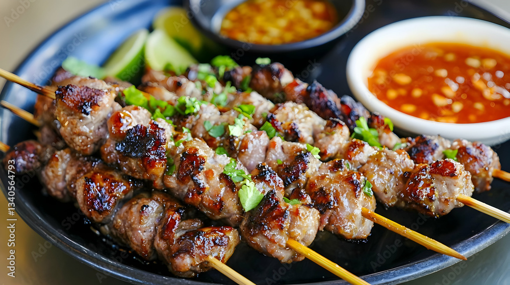 Grilled Pork Skewers with Dipping Sauces and Fresh Lime Wedges Close-Up Grilled Pork Skewers with Dipping Sauces and Fresh Lime Wedges Close-Up