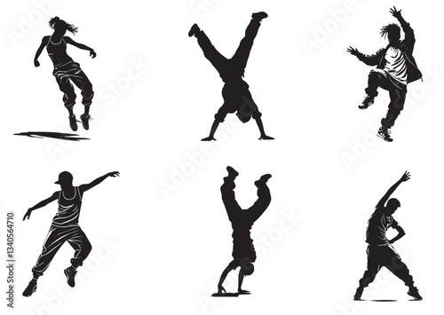 A set of street dance hip hop dancers in silhouette	