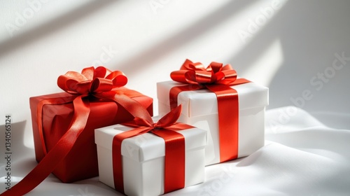 Festive gift boxes arranged on a white surface, adorned with vibrant red ribbons and bows.  Sunlight casts soft shadows, creating a warm, celebratory atmosphere photo