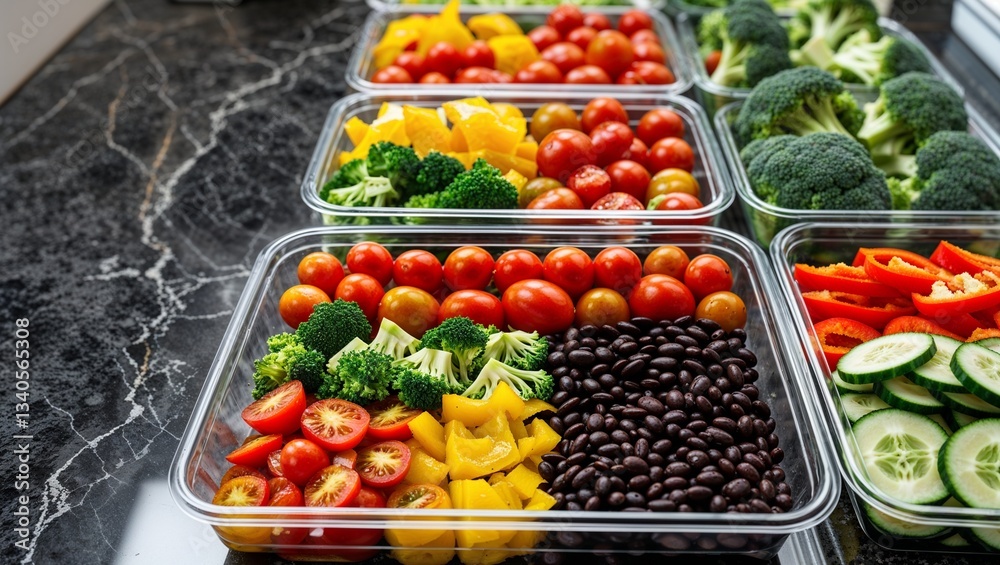high-resolution photograph showcasing a neatly organized display of fresh vegetables in transparent plastic containers. high-resolution photograph showcasing a neatly organized display of fresh vegetables in transparent plastic containers.