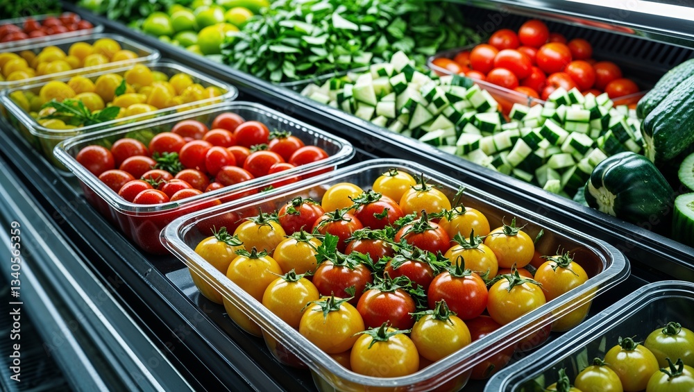 high-resolution photograph showcasing a neatly organized display of fresh vegetables in transparent plastic containers. high-resolution photograph showcasing a neatly organized display of fresh vegetables in transparent plastic containers.