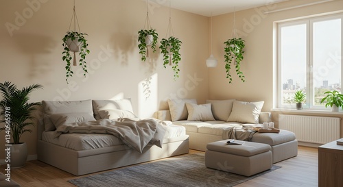 Living Room Interior with Hanging Plants and Natural Light