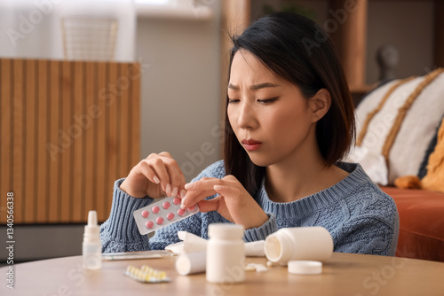 Ill Asian woman taking pill...