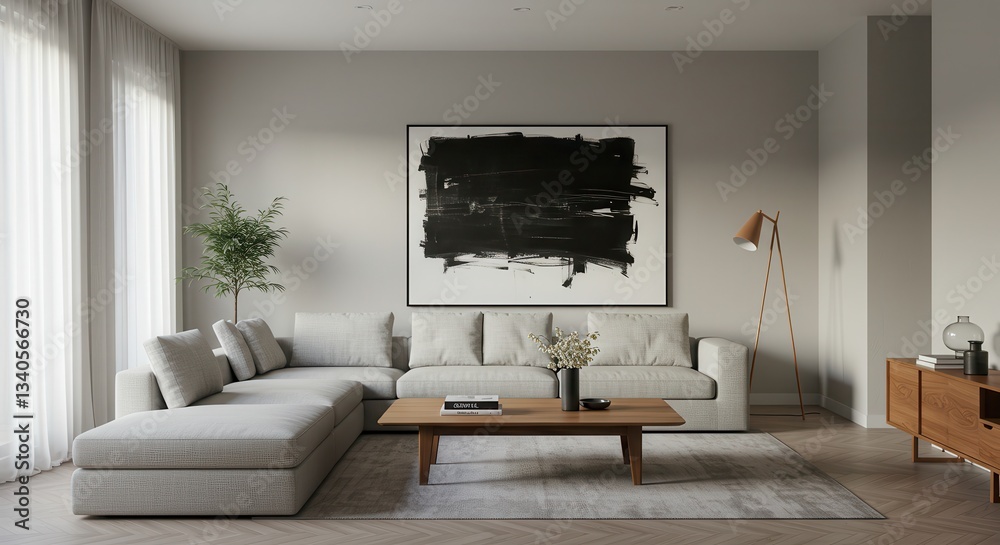 Fototapeta premium Living Room Interior with Large Sofa, Abstract Art and Wooden Accents
