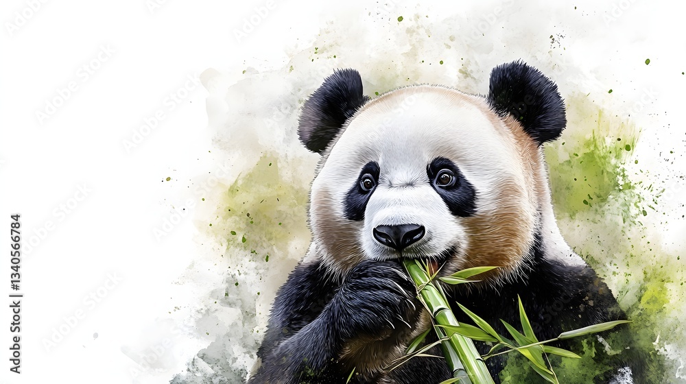 Obraz premium Adorable panda intensely eats fresh bamboo with leafy branches