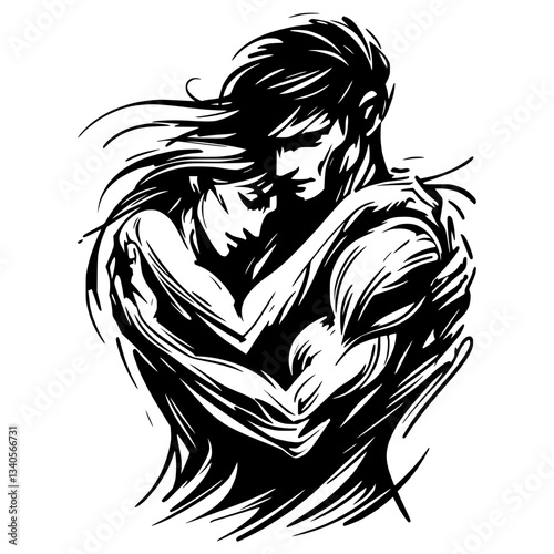 Couple embracing illustration on transparent background, vector black pencil drawing