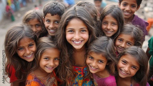 Smiling group of young caucasian girls and boys embracing friendship outdoors