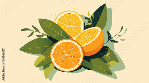 orange picture cartoon 2D, a beneficial fruit, is used as an illustration for advertising.