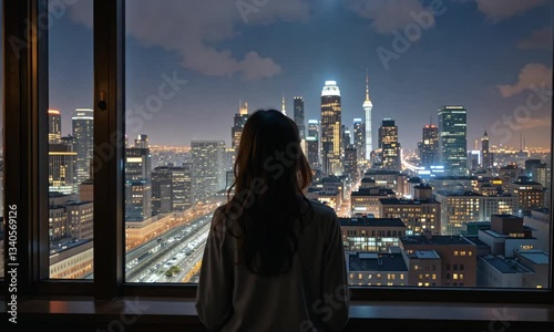 Woman gazing at illuminated city skyline through large window at night reflecting on urban life dreams and possibilities in the modern metropolis. 