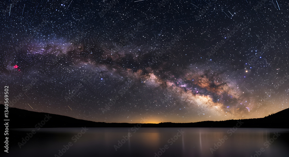 Fototapeta premium Milky Way Above Still Lake Water with Meteor Shower at Night