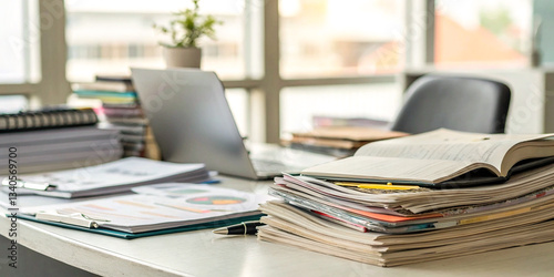 office desk, stacks of papers, open book, laptop, pen, natural light, window view, workspace, organized clutter, productivity, study area, business environment, professional setting, modern interior, 